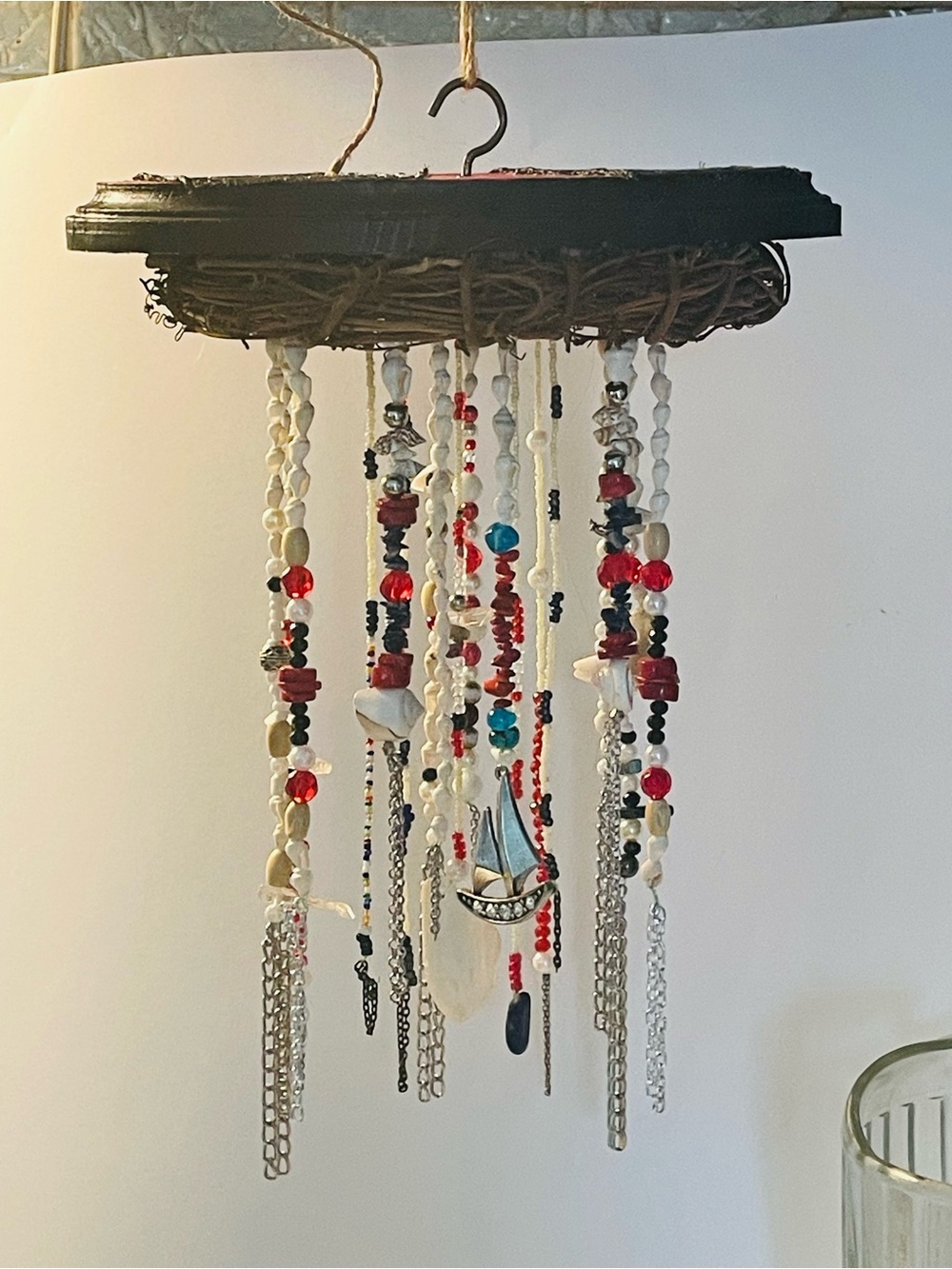 Boho Beaded Hanging Mobile with Shells and Charms - Red White Black Accents